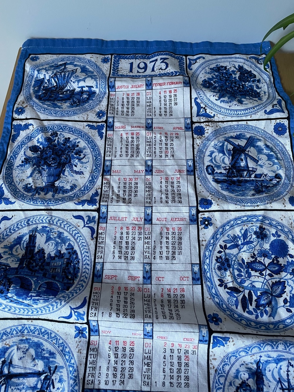 Vintage 1973 Blue & White Delft-Style Calendar Tea Dish Towel